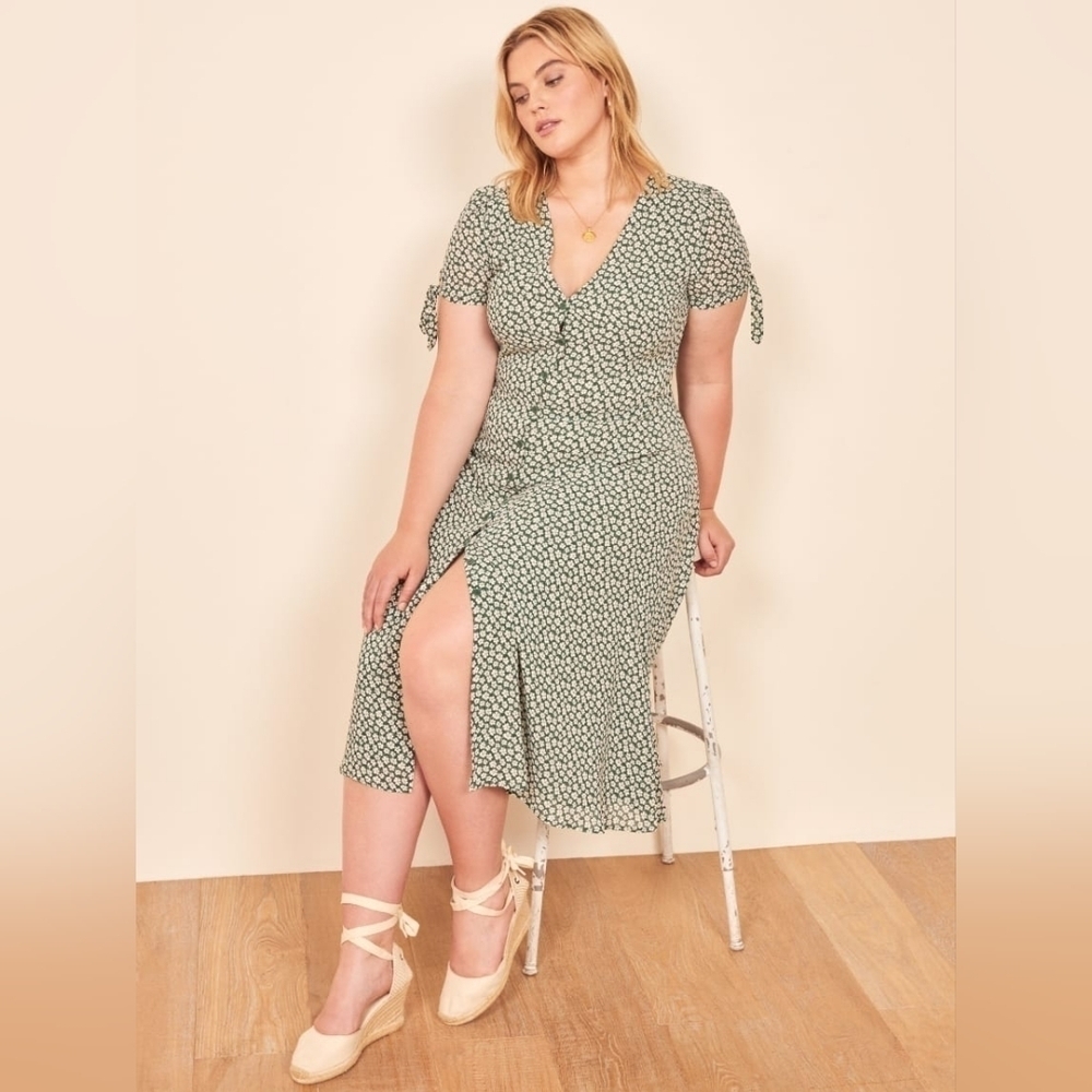 Reformation Green Micro Floral Midi Dress